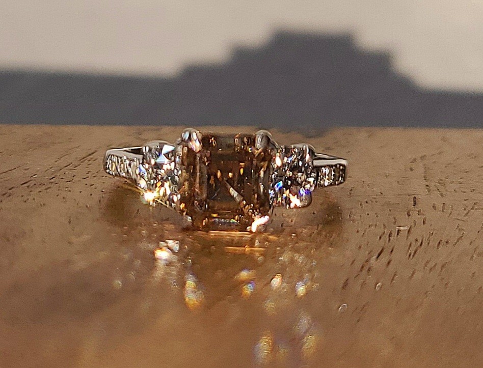 14k White Gold Vintage Engagement Ring 2.06ct. Champagne Diamond Asscher Cut
