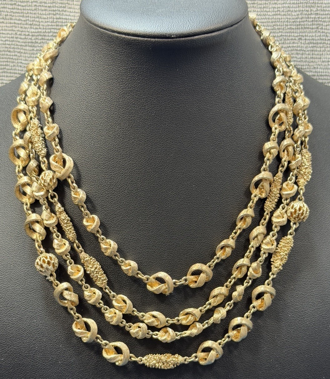 Vintage Knot Filigree Bead Necklace Multi Strand Beaded Gold Tone Acorn Hook