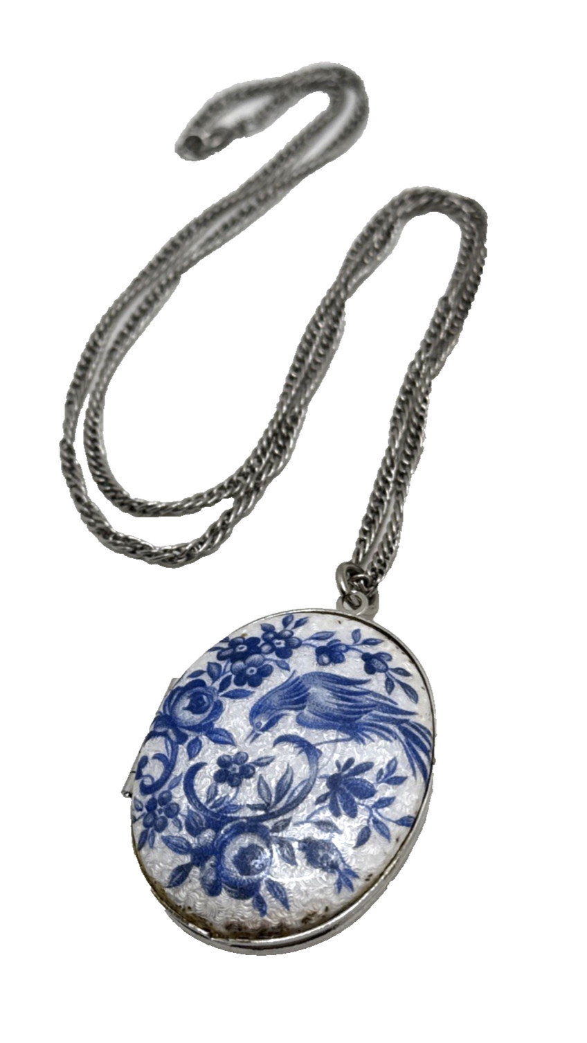 Vintage Guilloche Locket Blue White Enamel Bird of Paradise Floral 24″