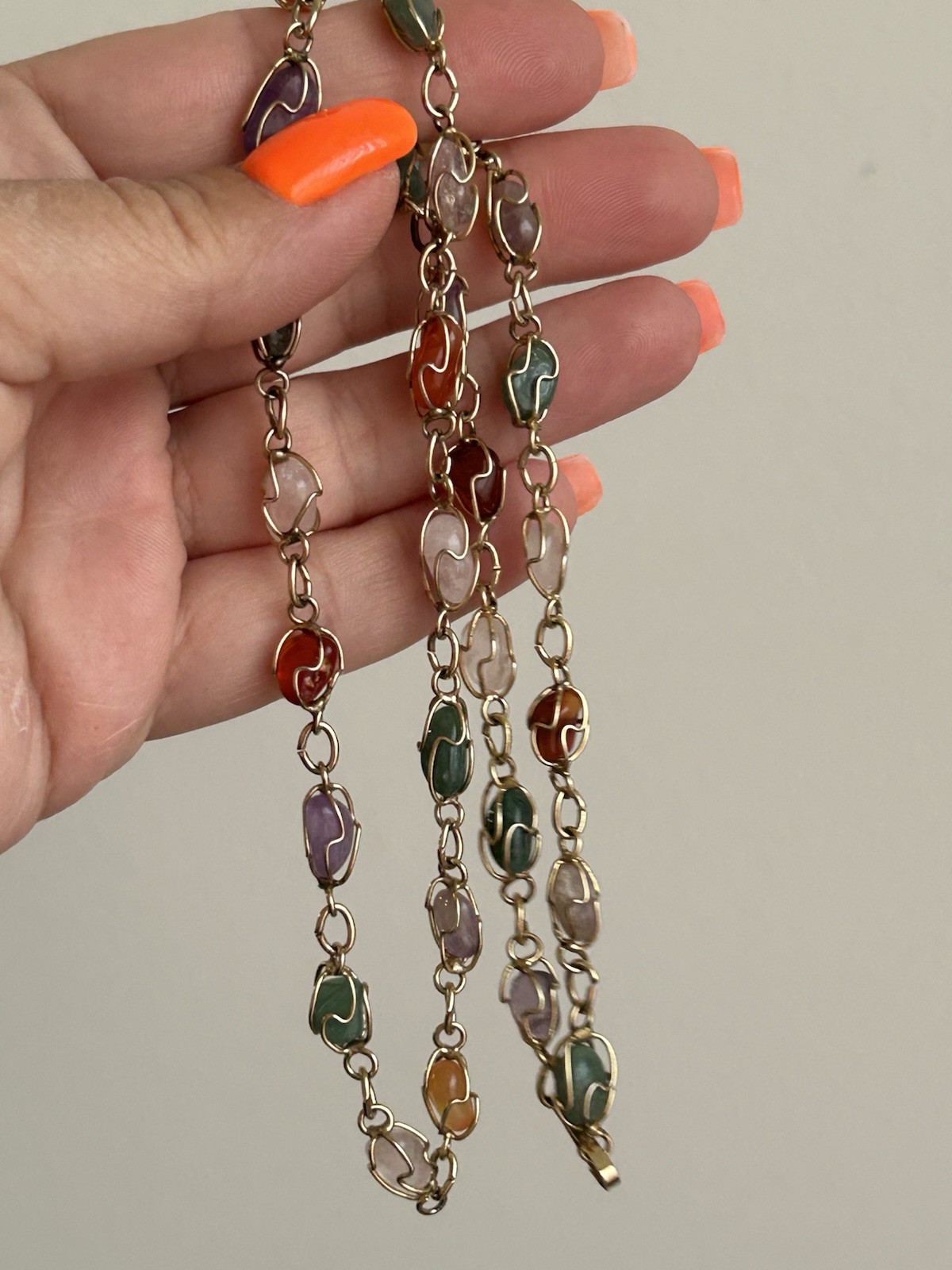 Vintage Multi Gemstone Station Necklace Wire Wrapped Gemstone Link Chain 22”