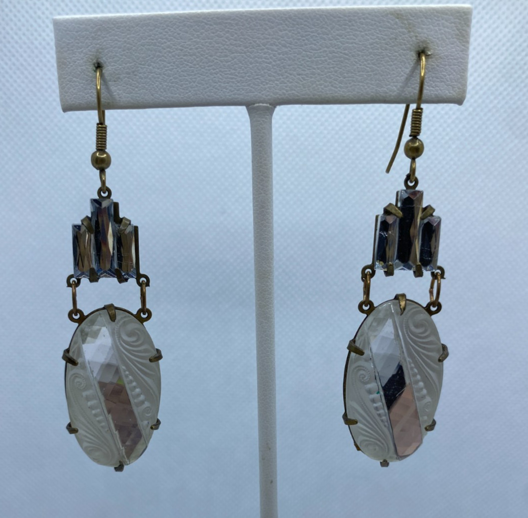 Glass Works Studio Earrings Frosted Clear Etched Faceted Glass & Rhinestones