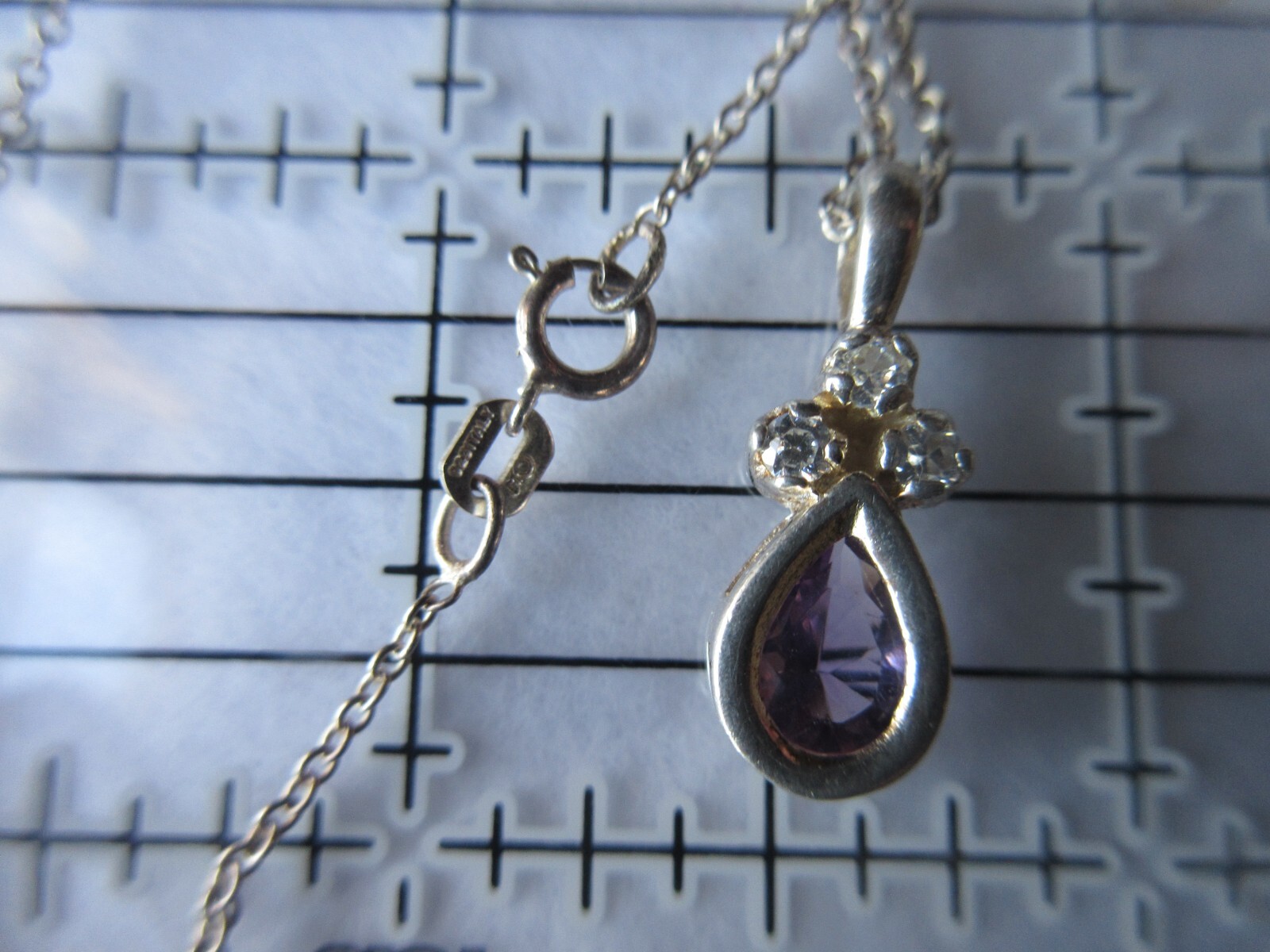 Vintage CW Italy Sterling Necklace & Pear shaped Amethyst Stone 3 CZ Accents