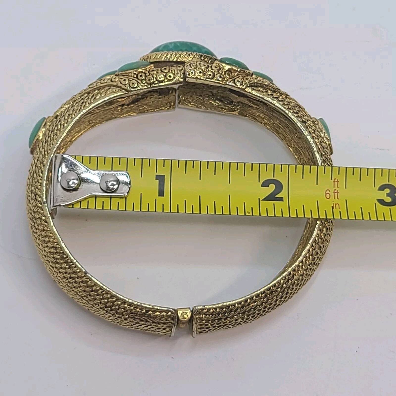 Gorgeous Vintage Hobe Bracelet Green Poured Glass Rhinestone Gold Tone Finish
