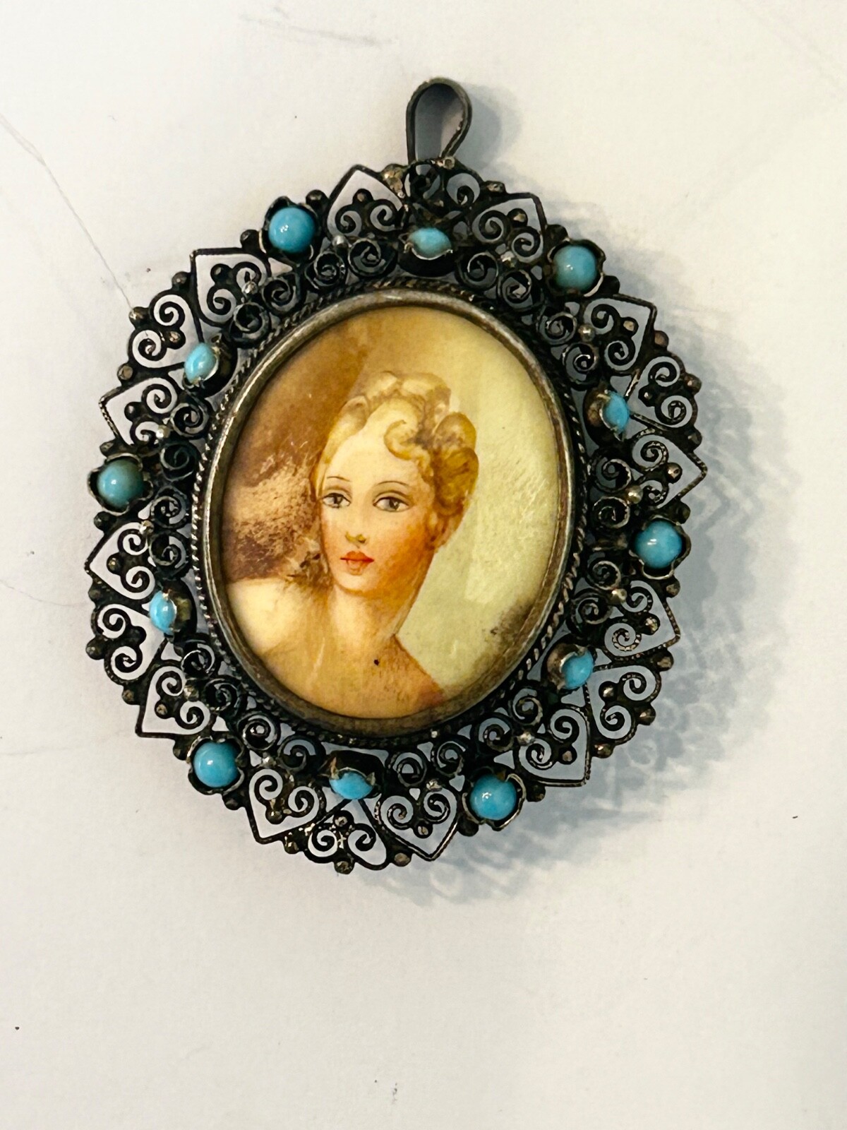 VTG Art Nouveau 800 Silver Hand Painted Lady Miniature Portrait Brooch Pin