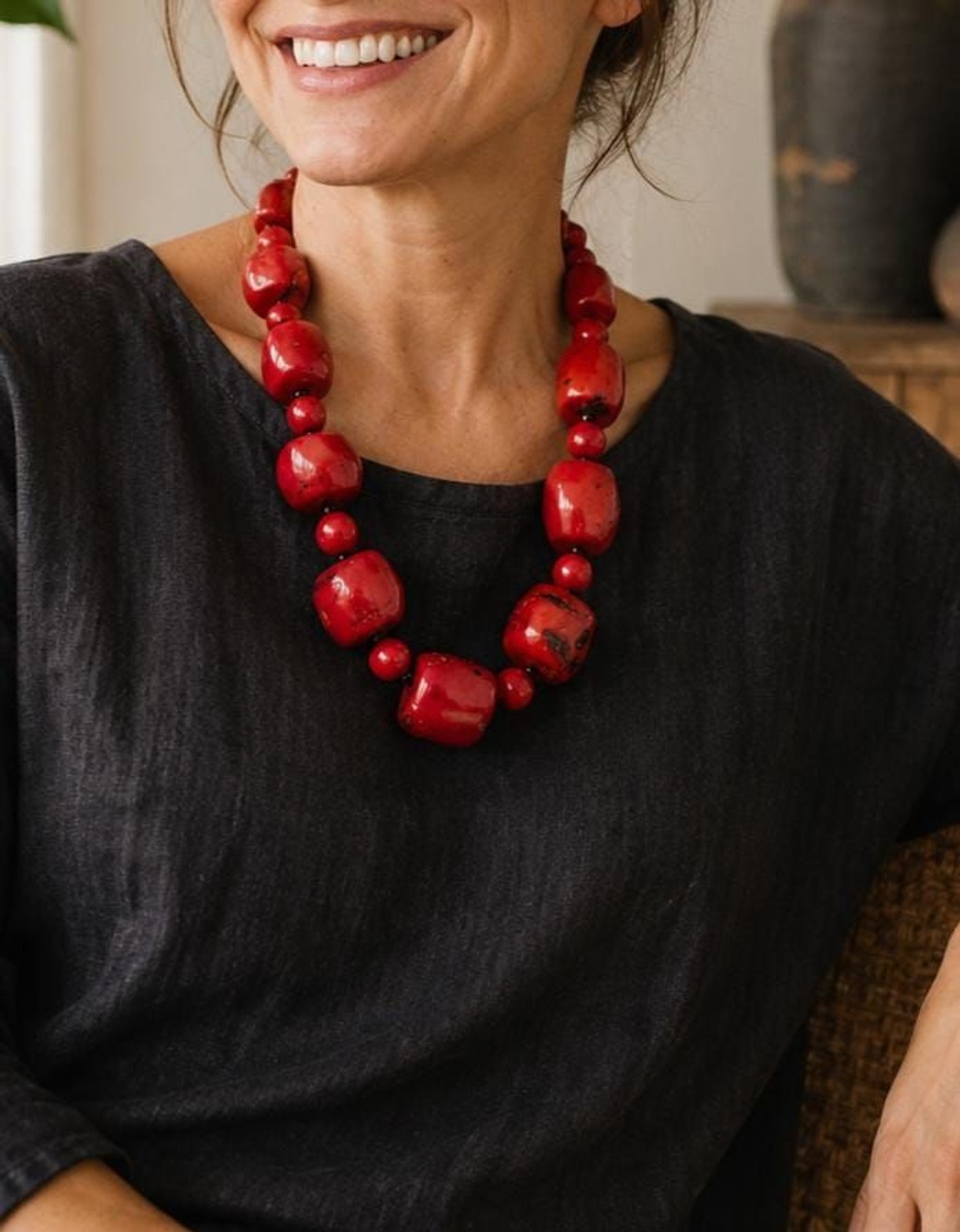 Vintage Red Coral Statement Necklace Sterling Silver Clasp Heavy Natural Coral