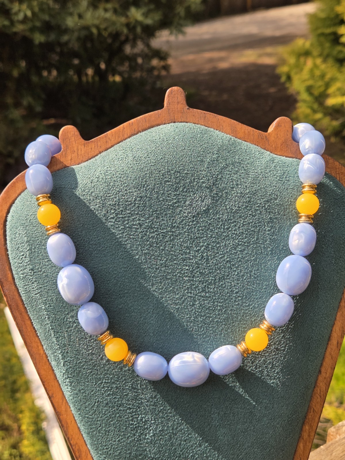 Vintage Avon Lucite Moon Glow Necklace 80s Blue Orange Gold Tone Plastic Beaded