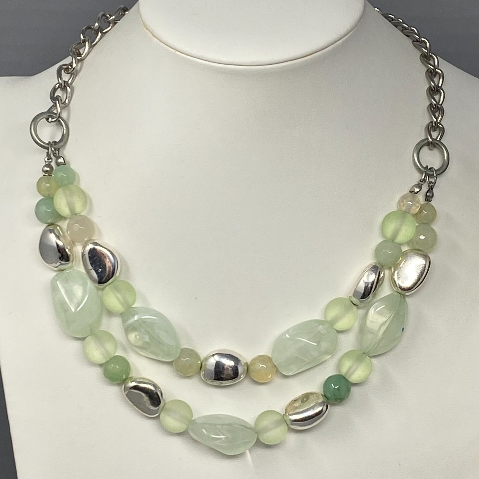 Multi Strand Necklace Green Gemstone Glass Acrylic Beads Frost Swirl Silver Tone