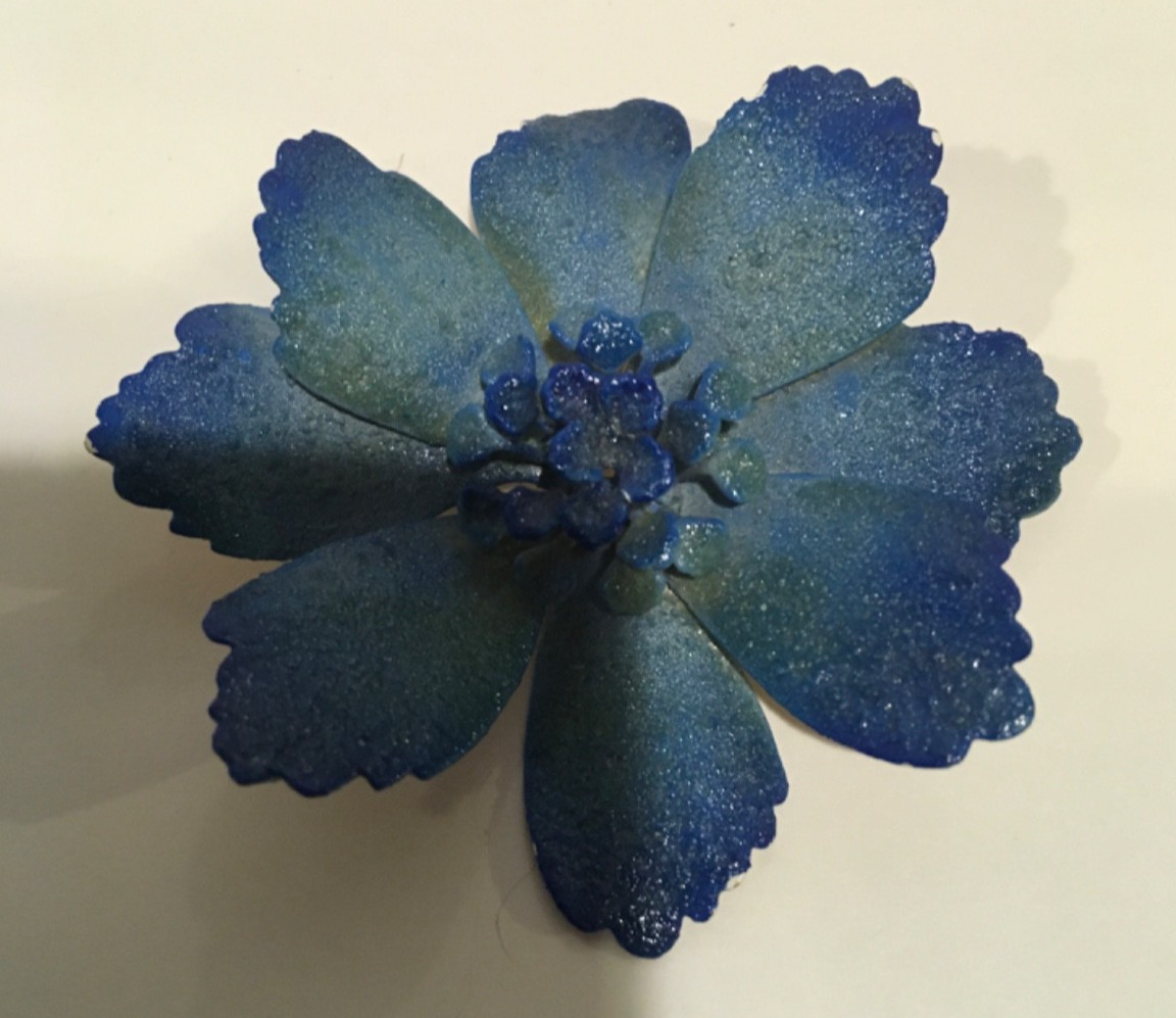 Blue 3D Flower Brooch 3″ Brushed Aluminum MCM Retro Vintage 60’s
