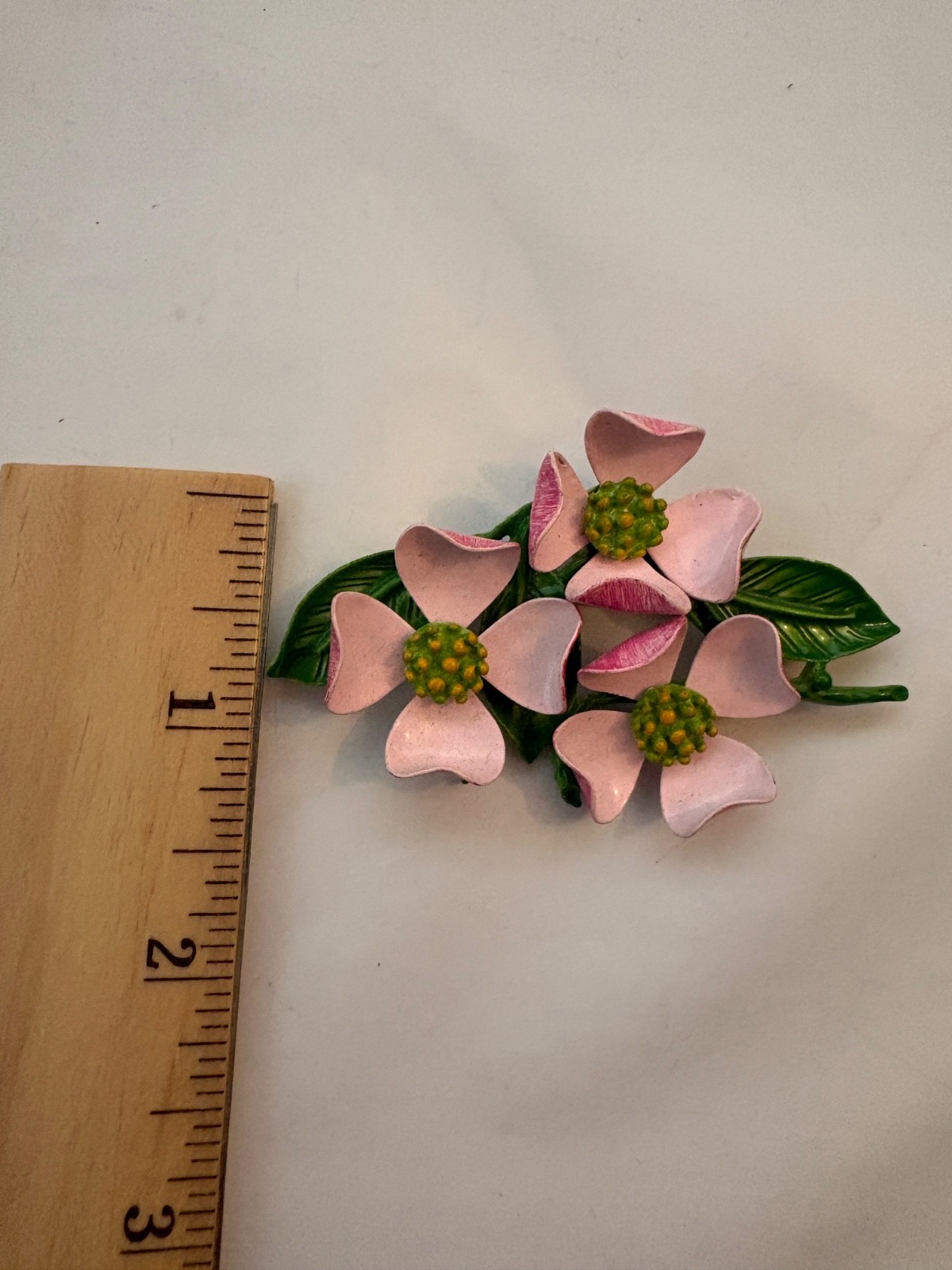 Vintage Pink and Green Enamel Dogwood Flower Brooch