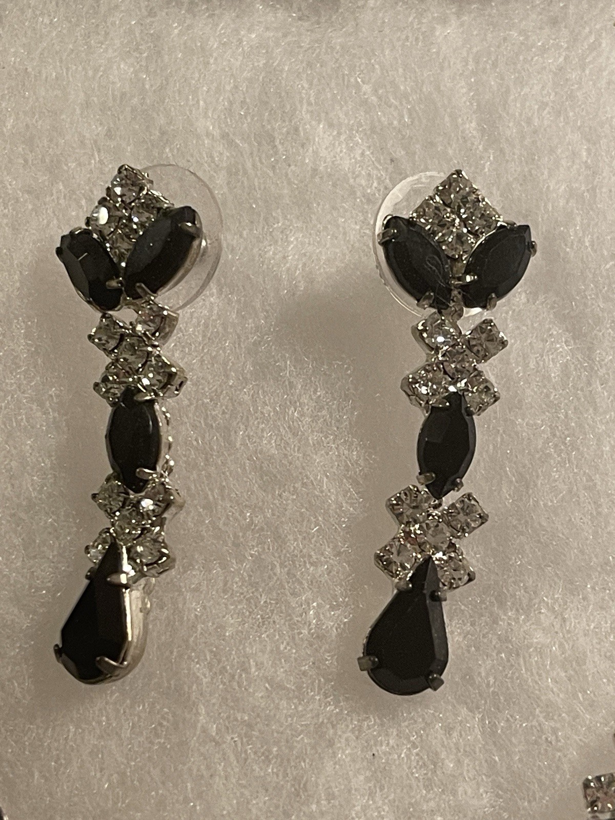 Vintage Rhinestone Necklace & Earrings Black Clear Stones Bridal Prom Jewelry