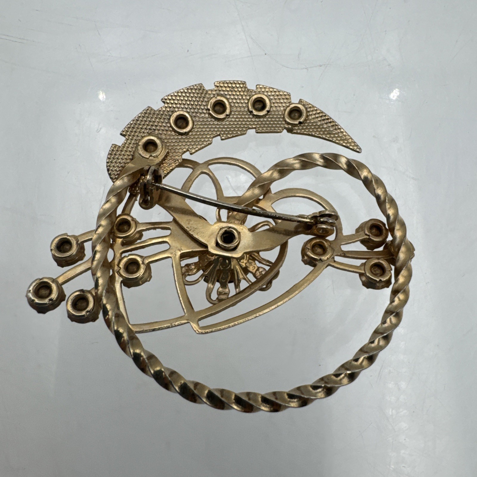 Vintage Gold Tone Heart Brooch with Purple Rhinestones