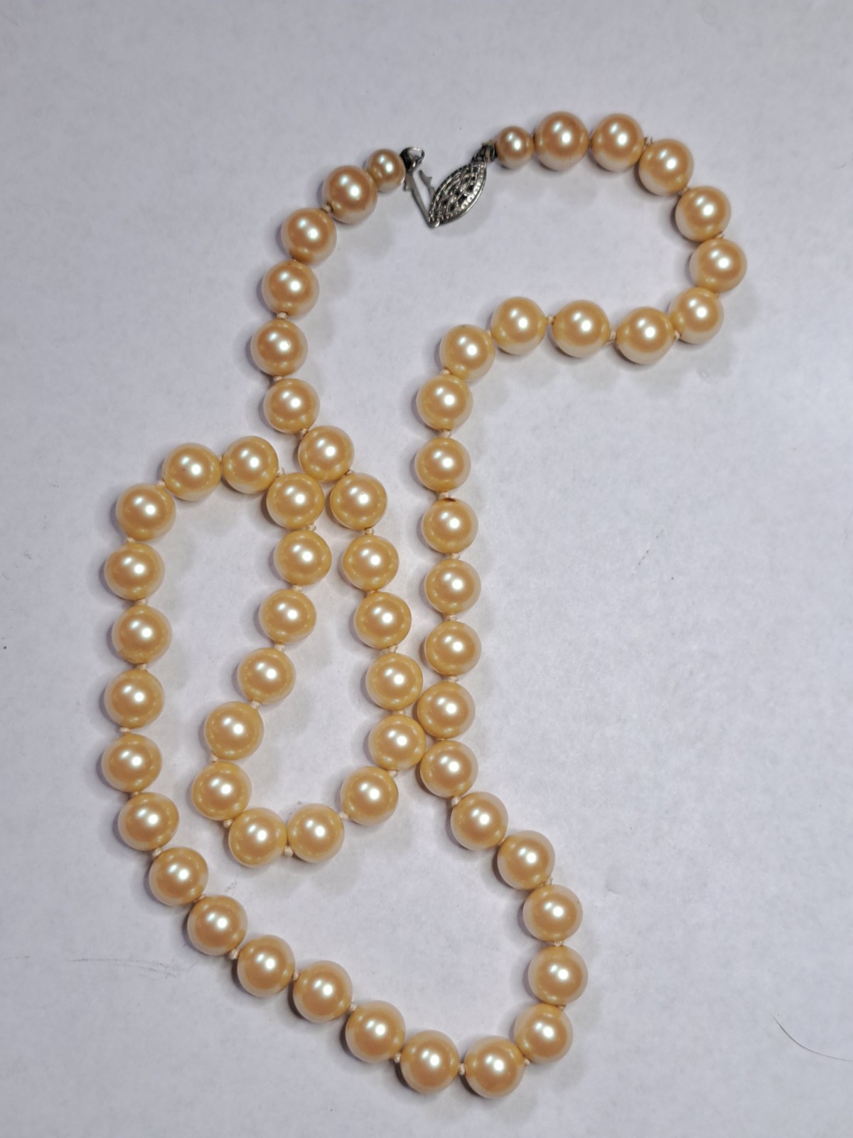 Vintage Hand Knotted Pearl Necklace 925 Sterling Silver Marquise Filigree Clasp
