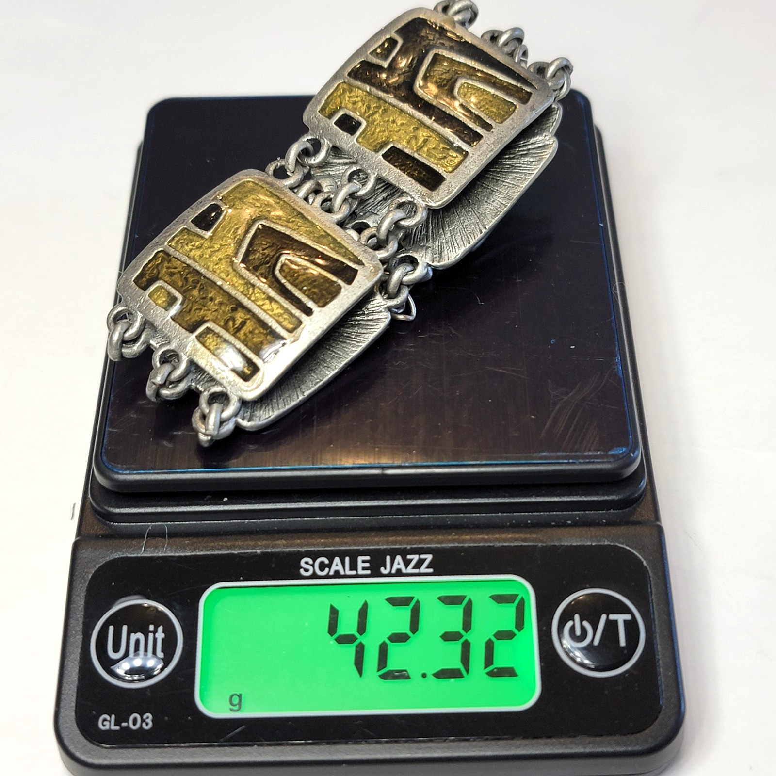 Vintage Modernist Silver Tone Link Y2K Bracelet Olivine Enamel Articulated Panel