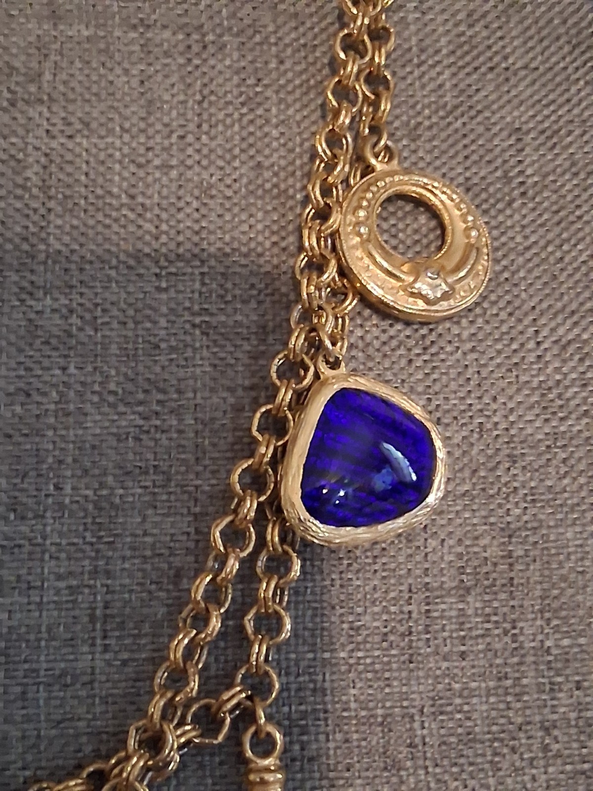 Cobalt blue poured glass dangle drop charm double strand necklace, vintage, 24″