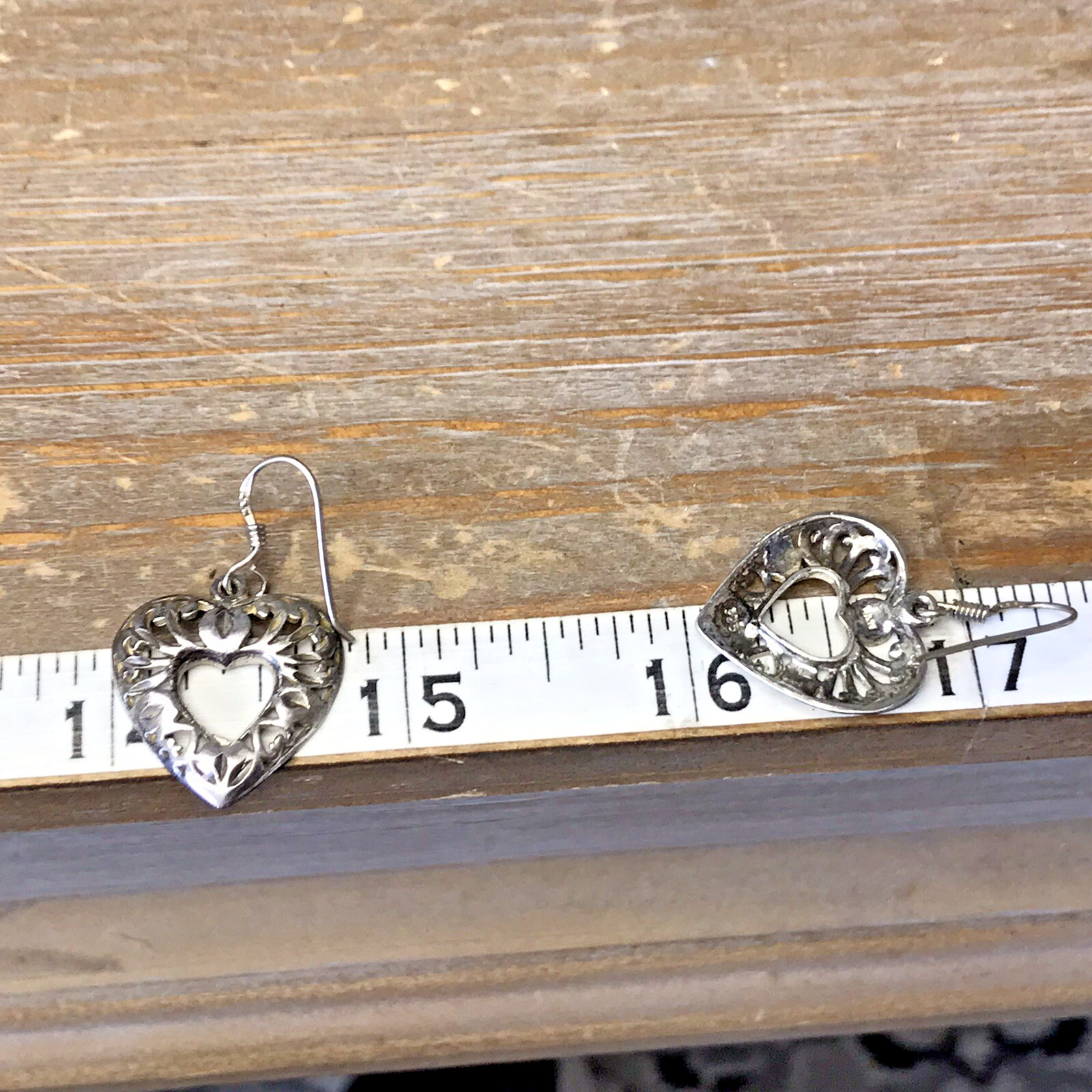 Vintage HAN 925 Sterling Silver Openwork Filigree Dangle Heart Pierced Earrings