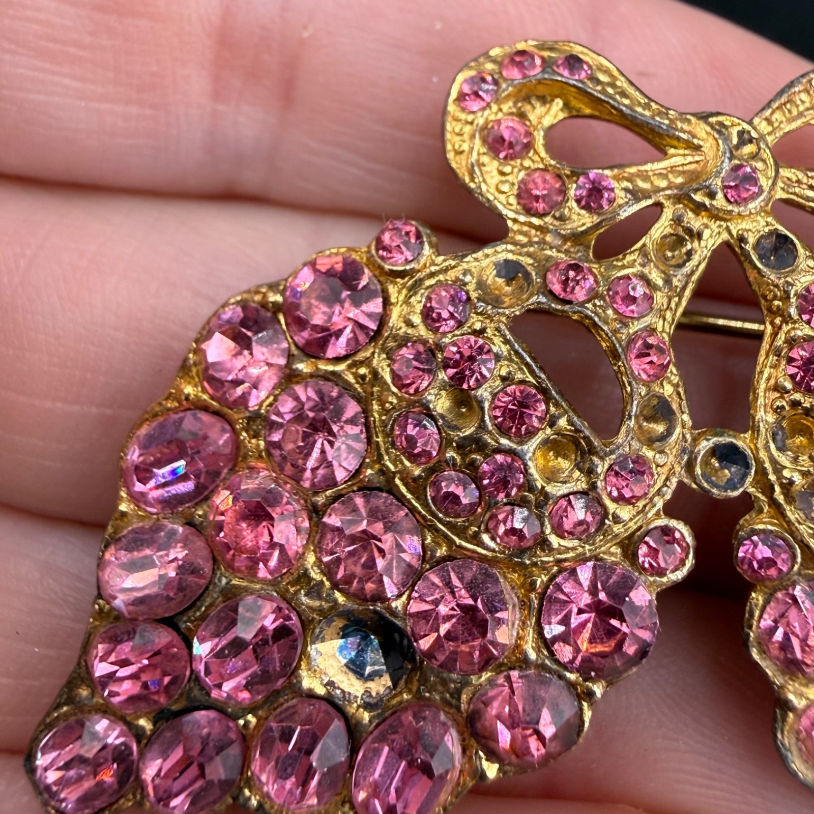 Vintage Pot Metal Rhinestone Brooch Pink Grapes Flowers Bow Gold Tone READ