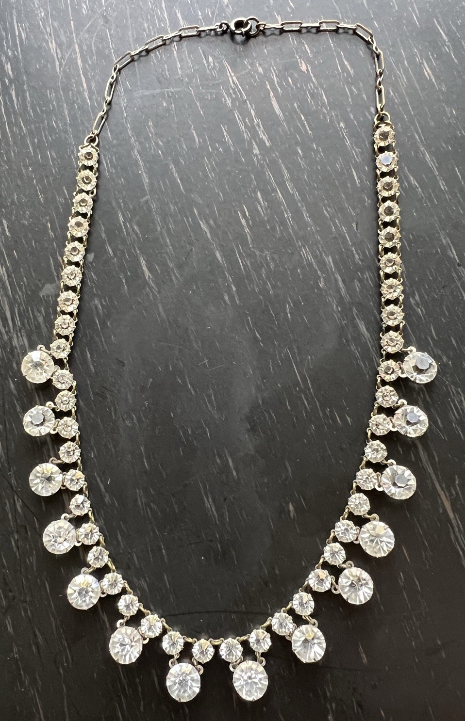 Antique Art Deco Open Back Crystal Riviere 15.25” Festoon Necklace Silver Tone