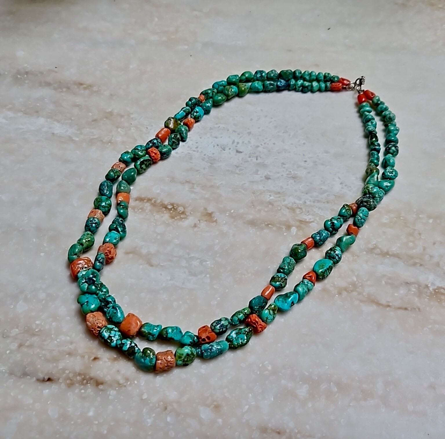 Vintage Turquoise Necklace w/ Coral Beads & 925 Silver Clasp 22 Inches