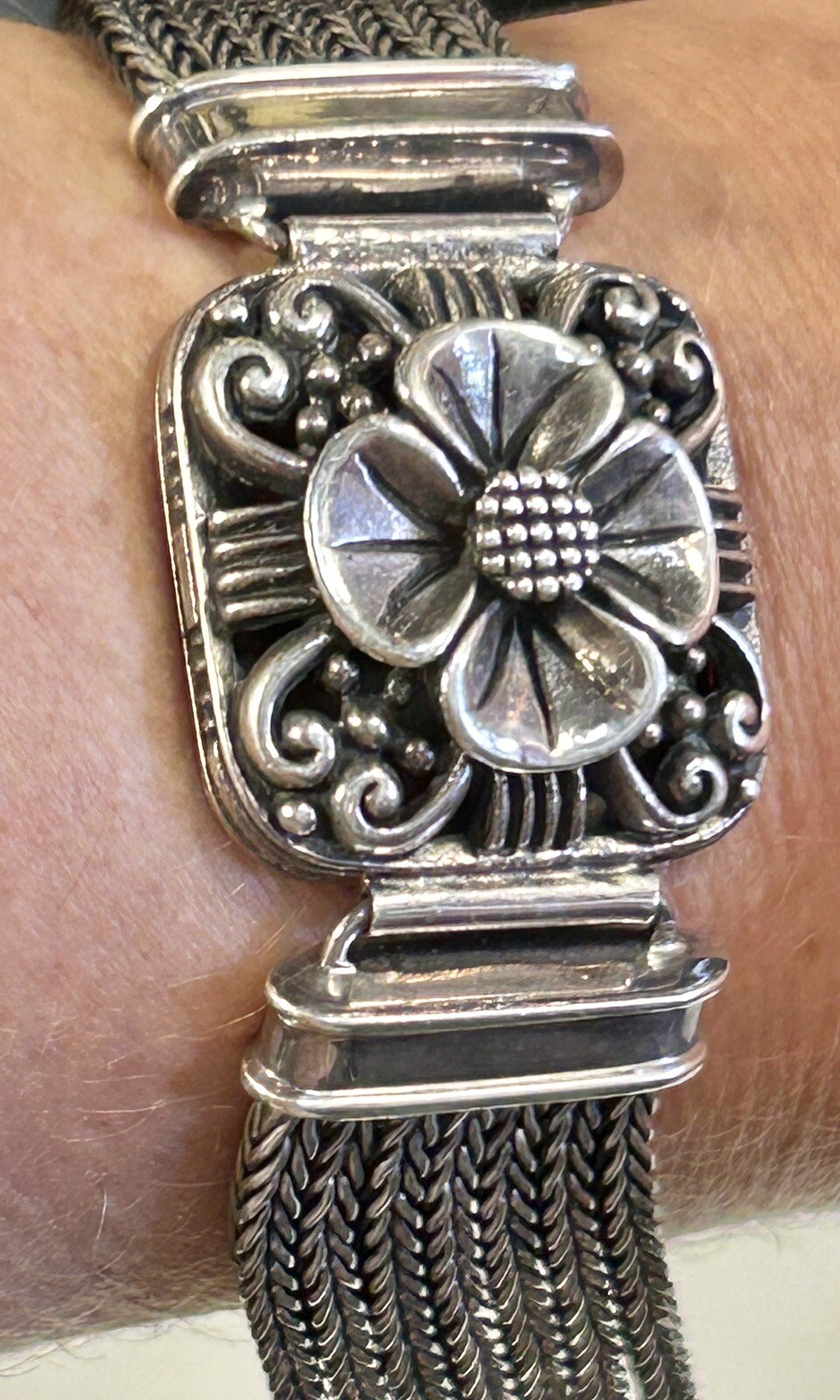 Vintage Floral .925 Sterling Silver Multi Strand Wheat Chain Bracelet