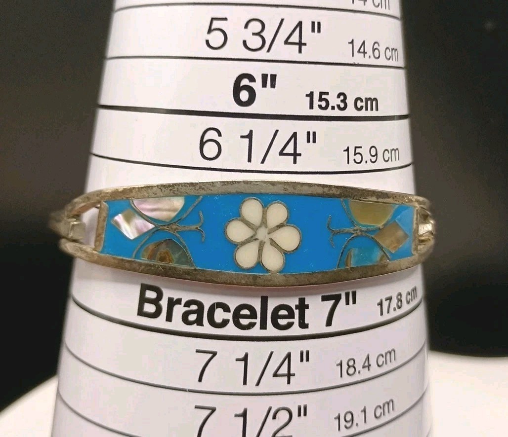 Alpaca Mexico Silver Cuff Bracelet Turquoise Abalone Inlay Butterfly Size 6.75″