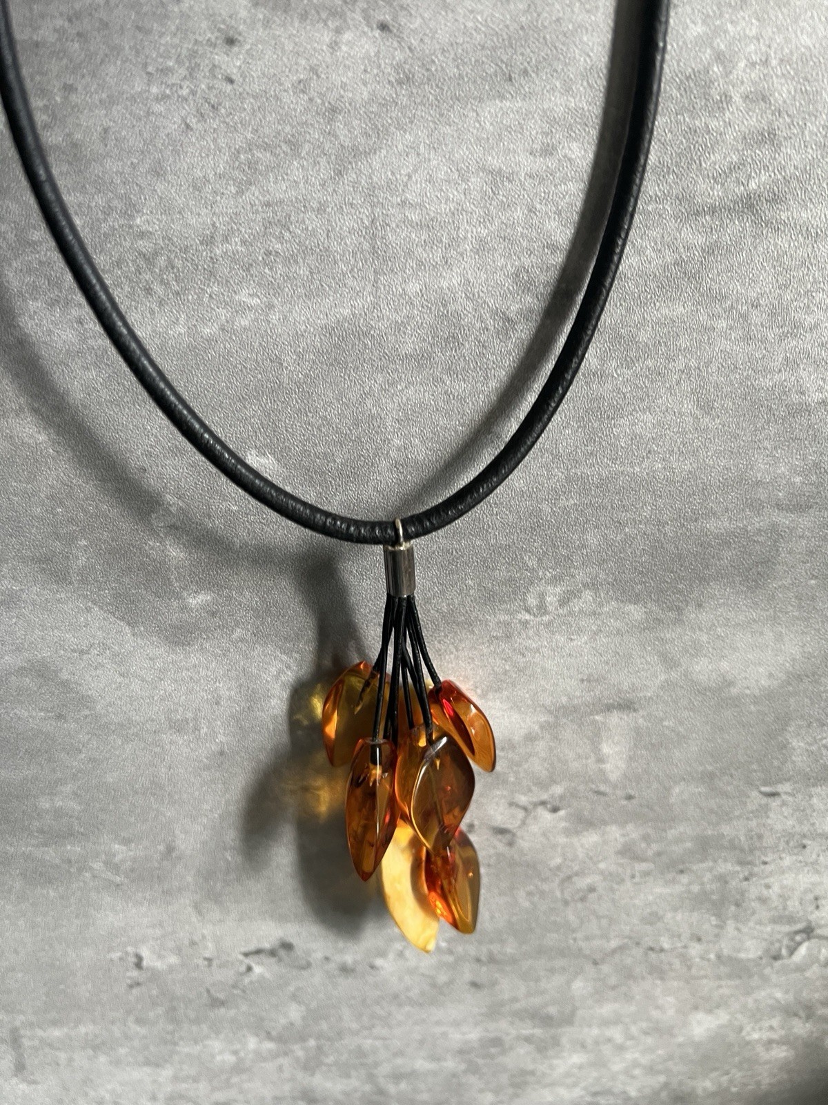 Vintage Amber Black Leather Cord Necklace Sterling Silver Clasp 16 Inch