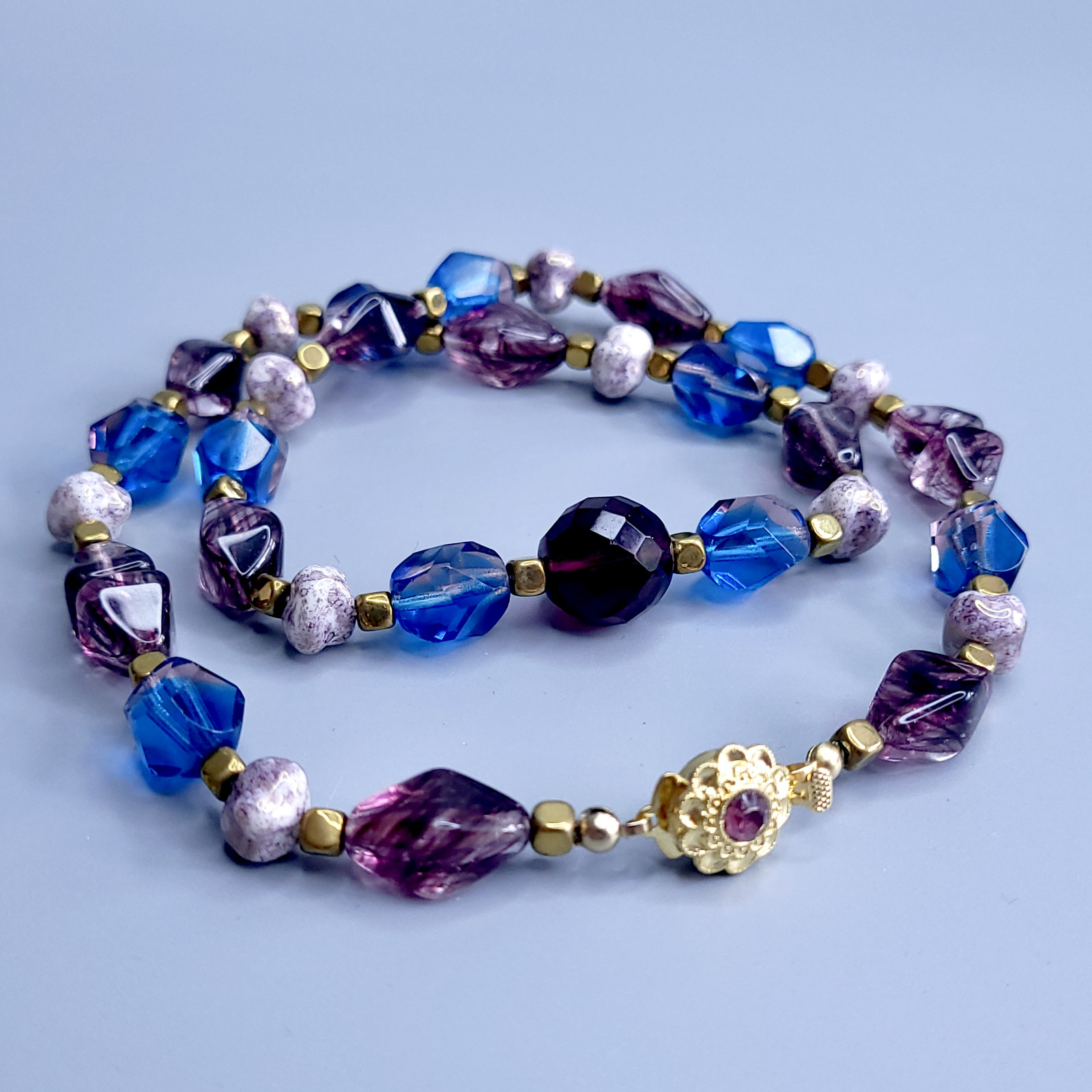 Necklace 20” Blue and Purple Glass Czech Vintage Beads Women`s Jewelry