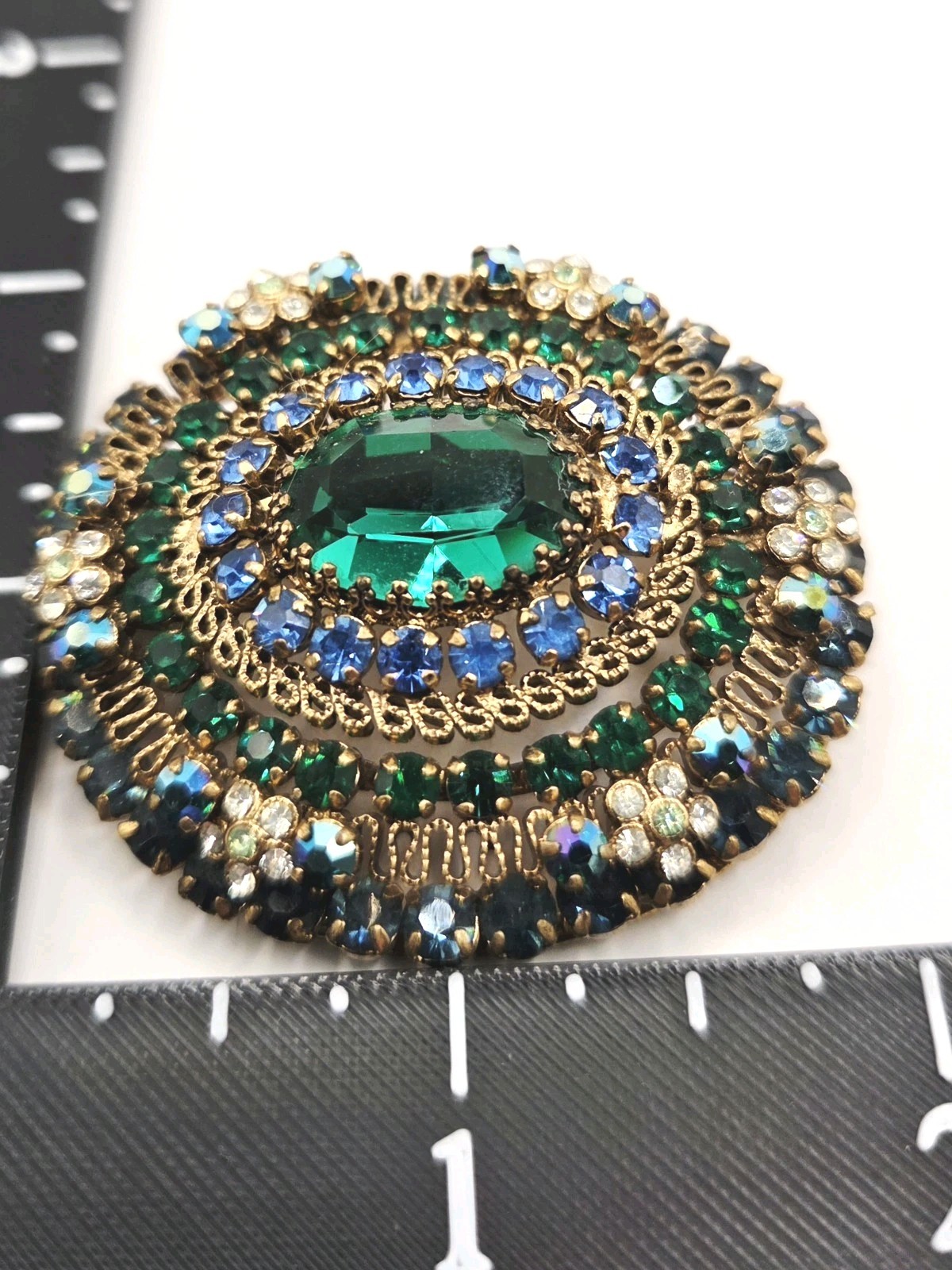 Vintage Brooch Austrian Blue Green Multi Colored Rhinestone Oval Stunning 0318