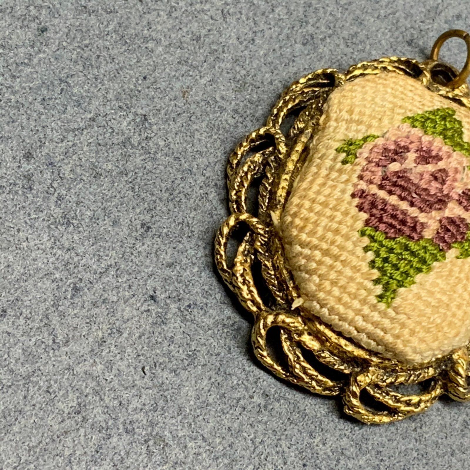 Vintage Needlepoint Mirror Pendant As Is Retro Gold Cream Purple Green Flower