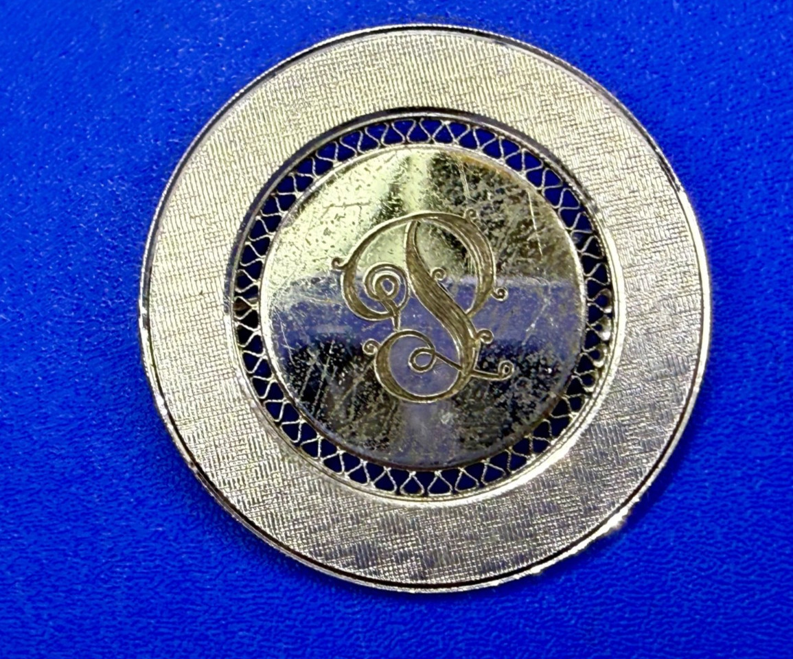 Initial Letter P ? Calligraphy On Vintage Sterling Silver Round Disc Brooch