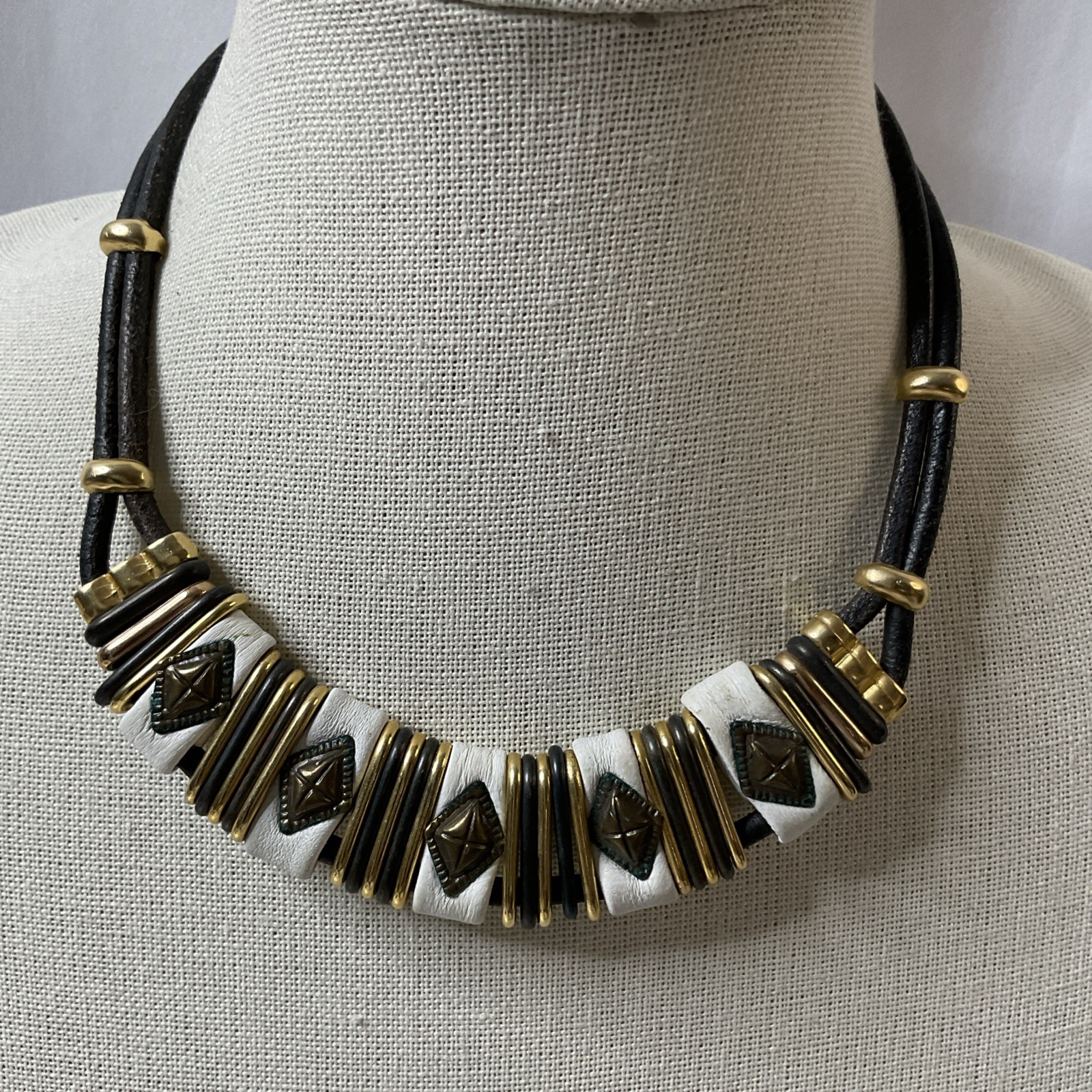 Artisan Vintage Choker Black Leather Cord Mixed Metals Design Necklace
