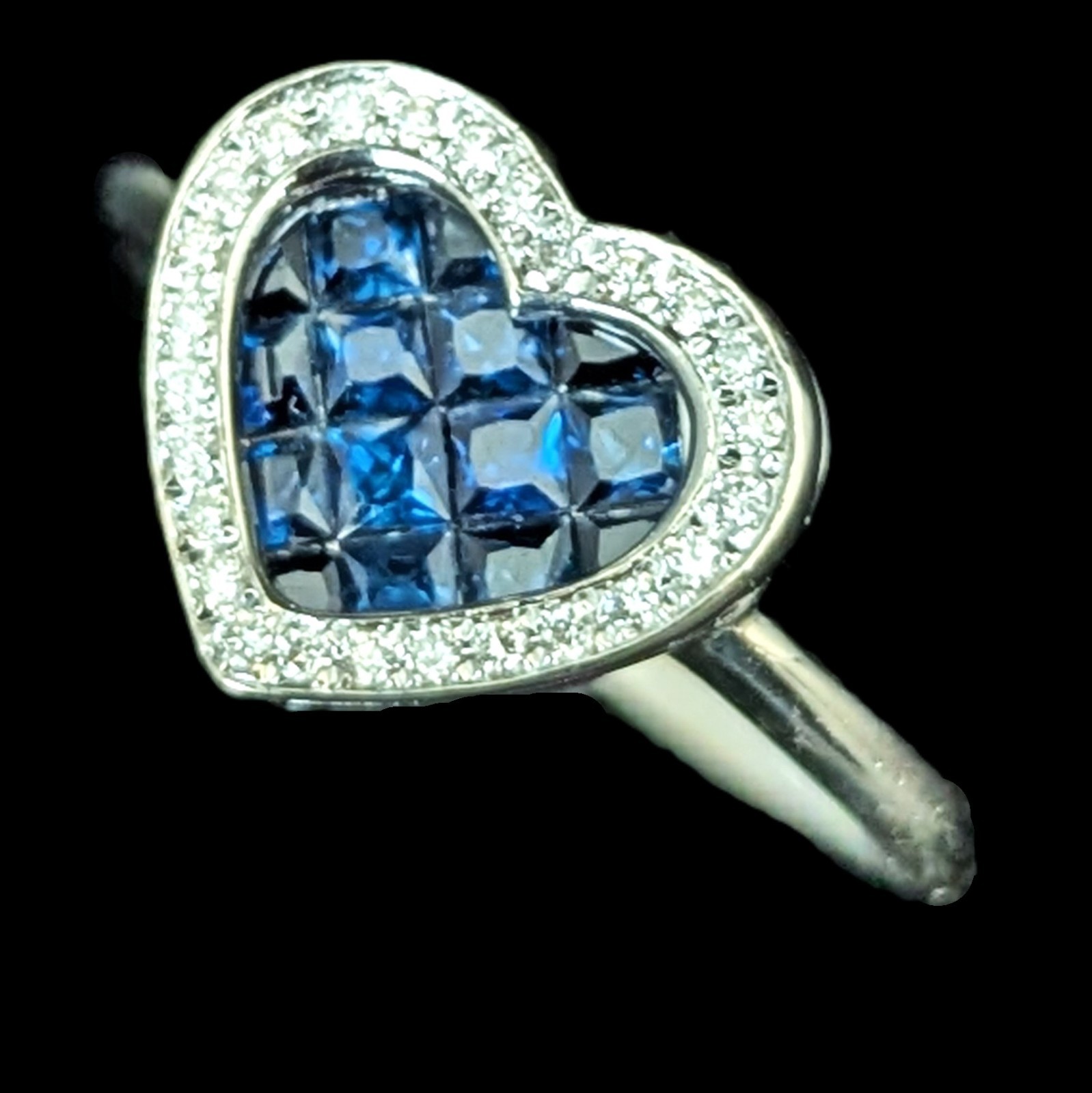 Estate Invisible Set Sapphires Diamonds 14k White Gold Heart Ring William Lam Co