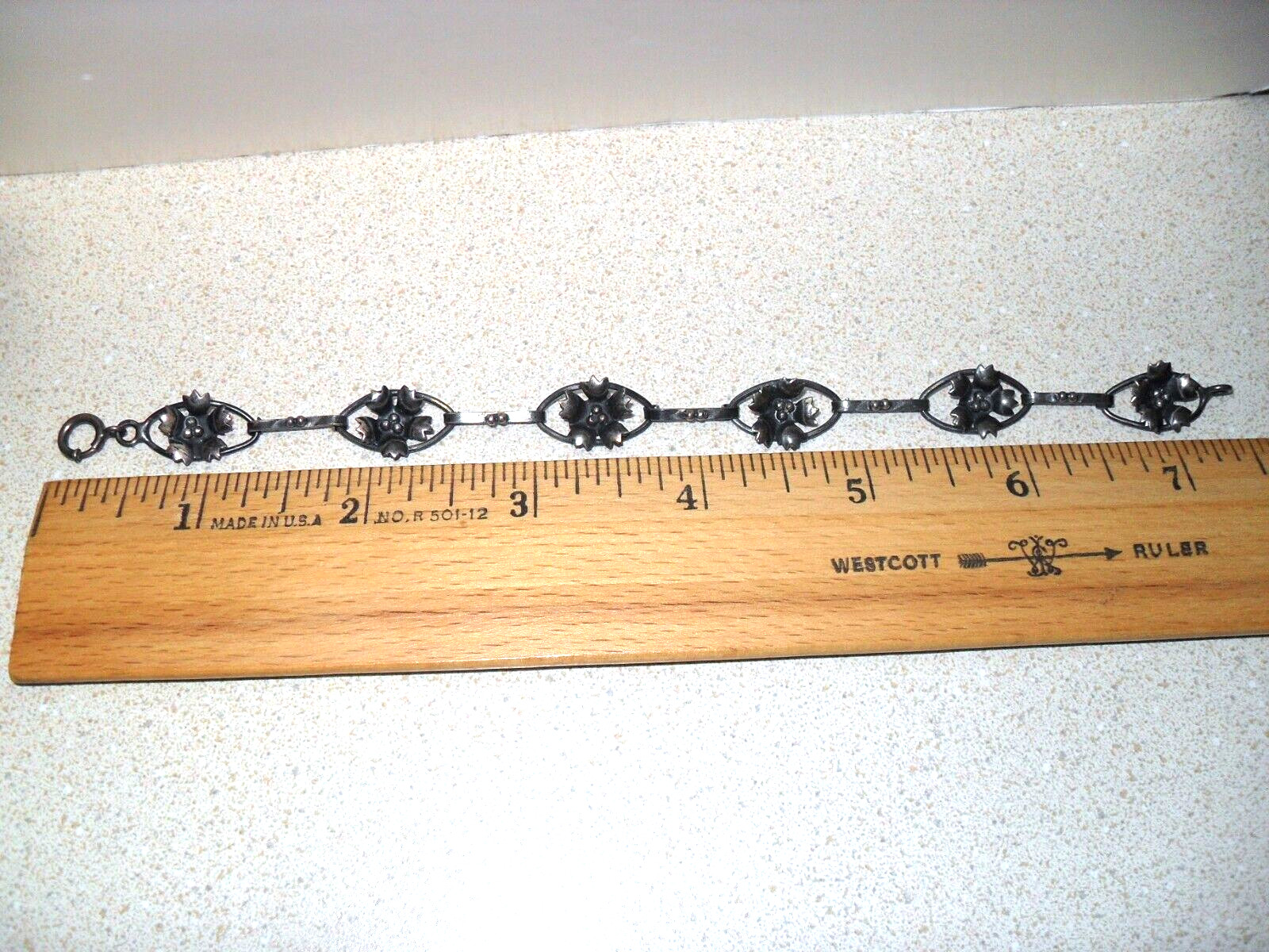 Vtg Sterling Silver Oval Flower Link Bracelet 7 1/2 Inch Art Nouveau Style