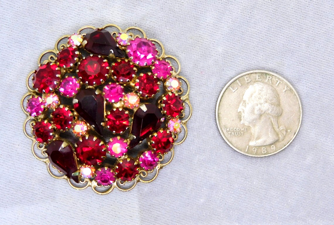 Vintage Red and Fuchsia Pink Prong Set Rhinestones Scalloped Frame Brooch Pin