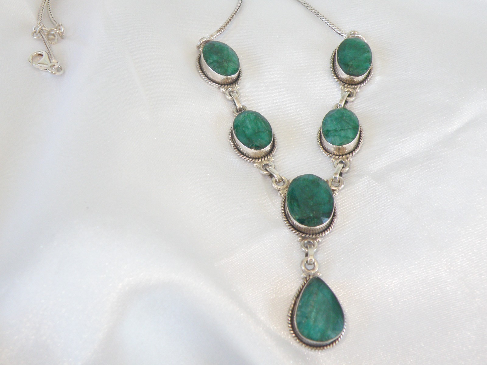 Vintage Sterling Silver 925 Large Natural Raw Emerald Statement Necklace 19″