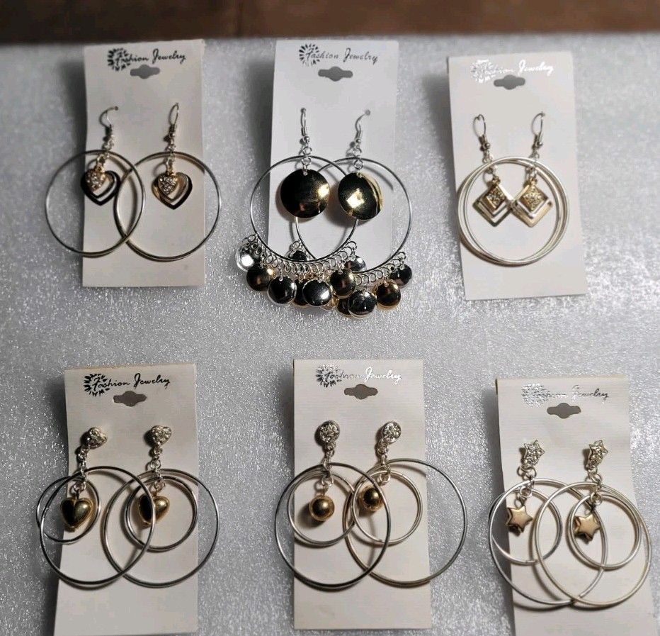 6 Pairs NEW VINTAGE DANGLE HOOPS EARRINGS PIERCED DROP BIG CLASSIC • OLD STOCK