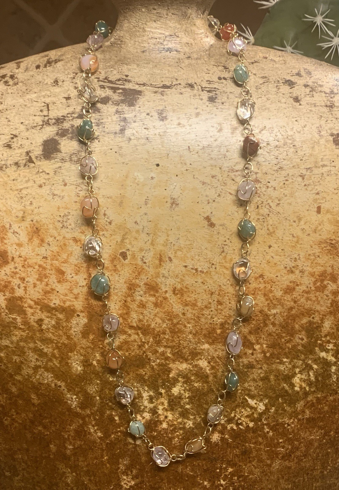 Gold & Natural Gemstone Cage Necklace 24 Inches Vintage