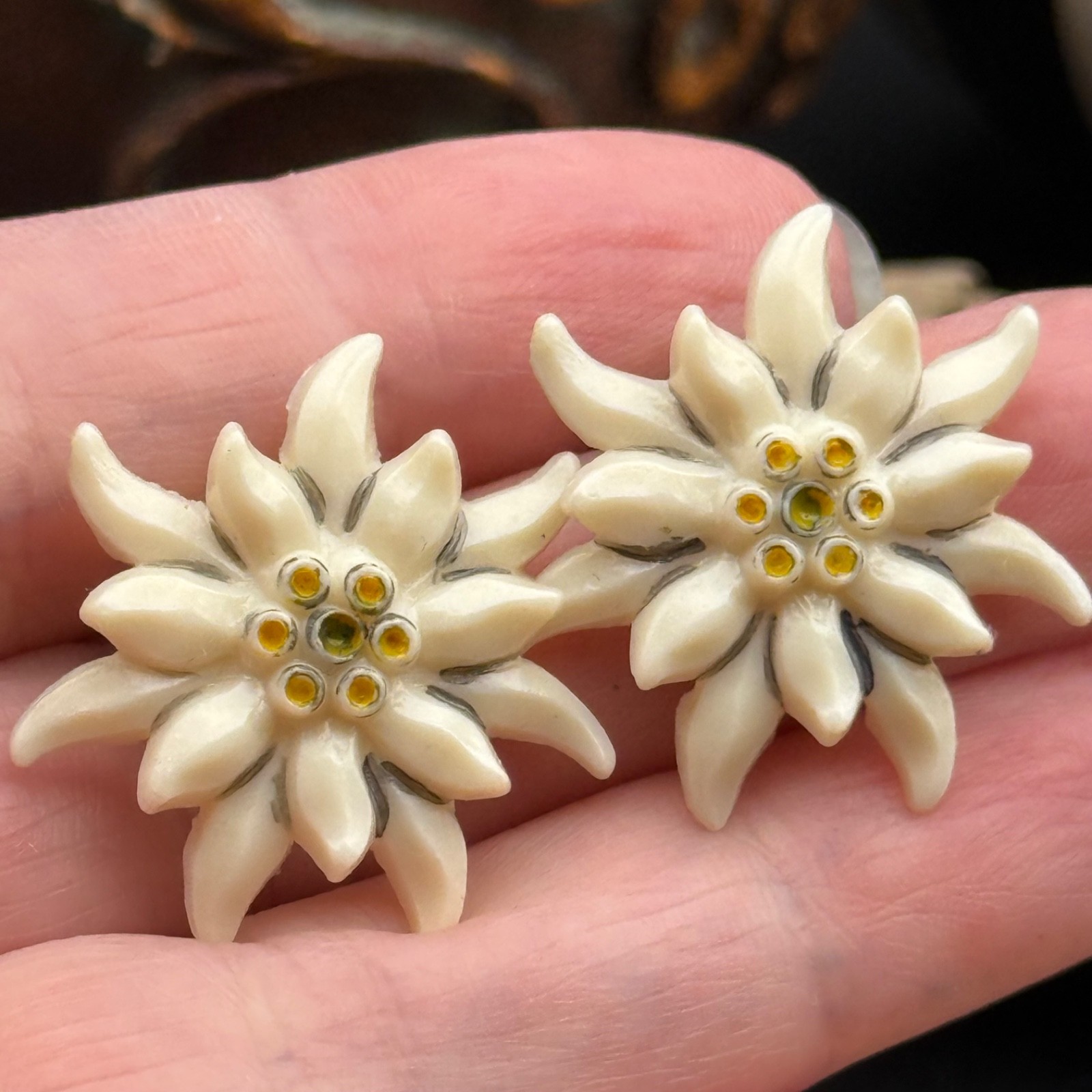 Vintage Edelweiss Clip On Earrings Alpine Flower Swiss German Austrian Celluloid