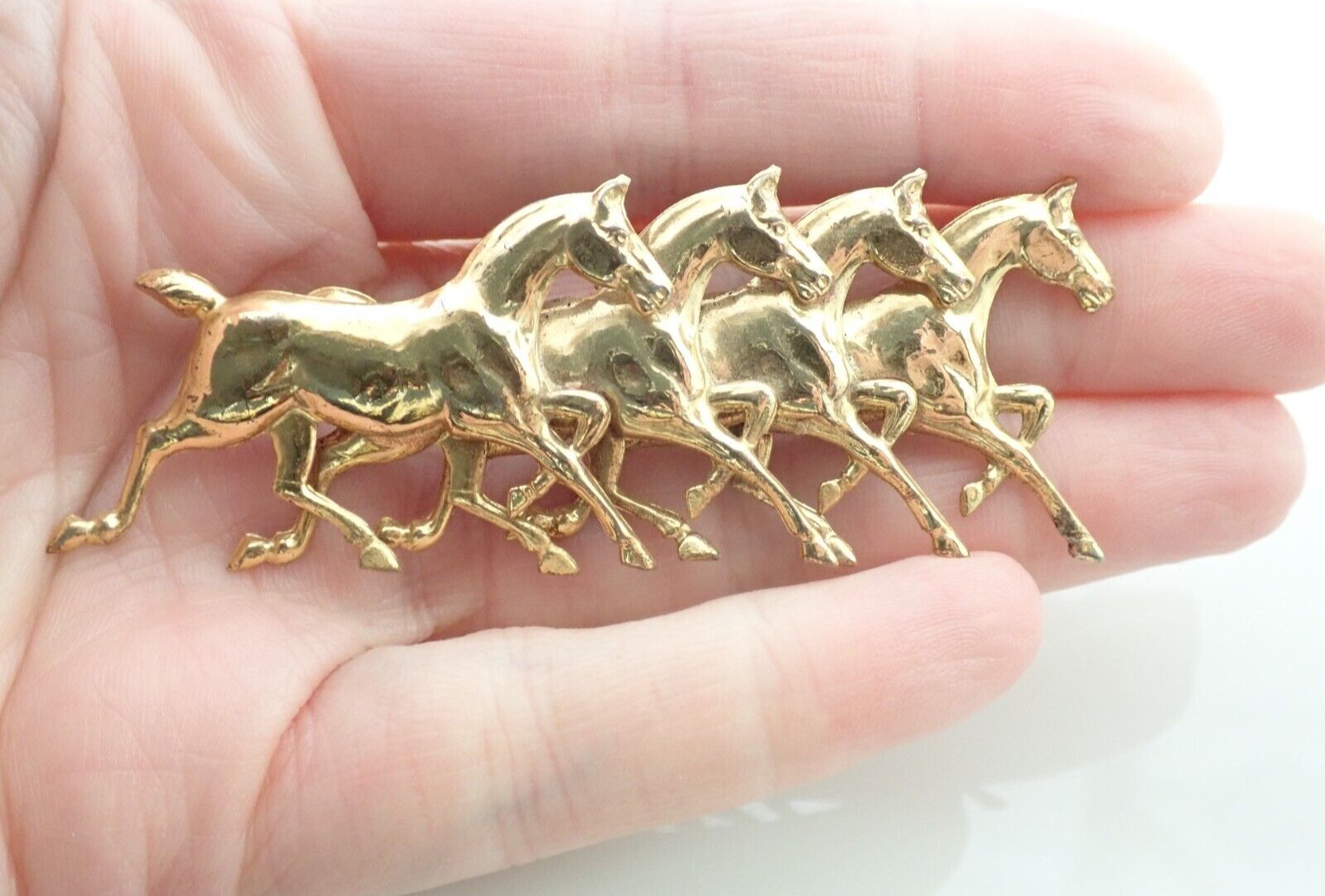 Vintage Sterling Silver Vermeil Equestrian Horses 3″ Brooch Pin