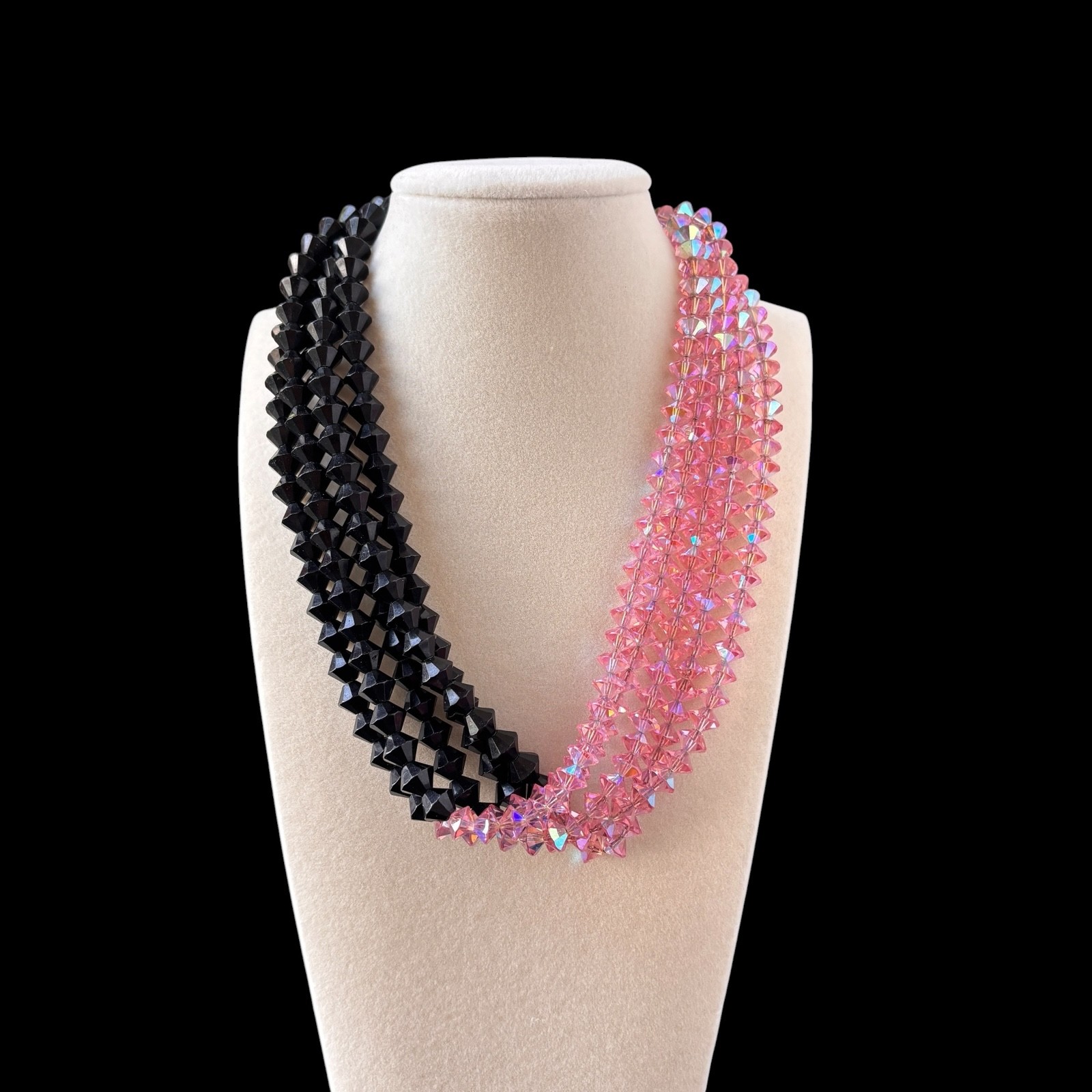 Vtg Multistrand Black and Pink Glass AB Crystal Torsade Necklace 15-17in
