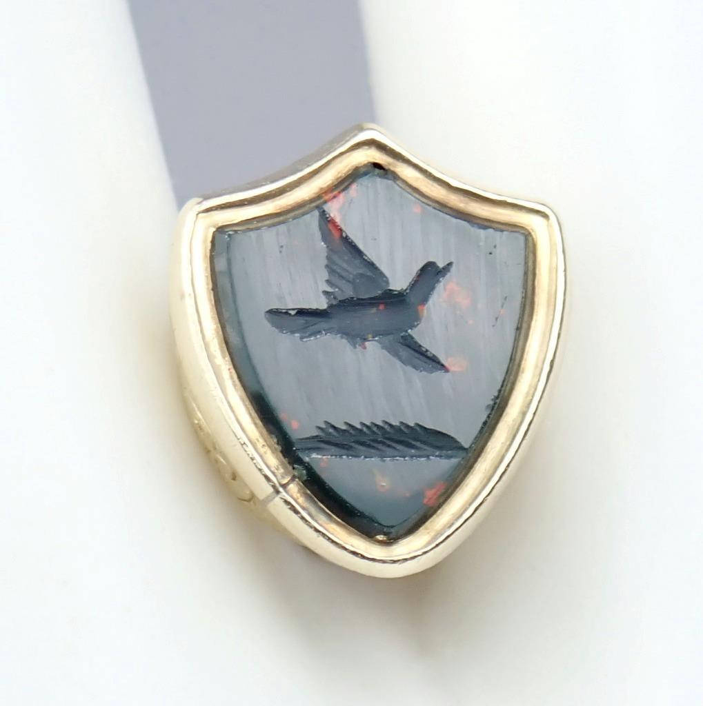 Fab Antique Georgian 9K Gold Bloodstone Floral Bird Pigeon Intaglio Seal Pendant