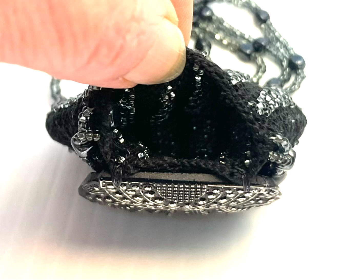 Miniature Beaded Purse Necklace Shell Shaped Black Gray Amulet Keepsake Holder