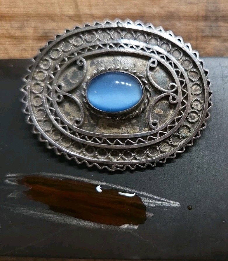 Vintage Sterling Silver Brooch Marked Israel With Blue Calchony Stone
