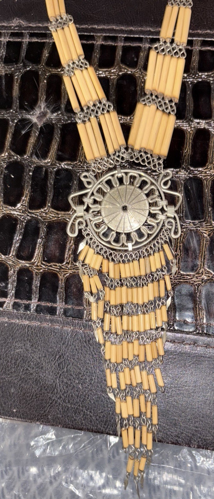 Vintage Peruvian Bamboo Hand-Wired MIGUEL GRAU Coin & Metalwork Tassel Necklace