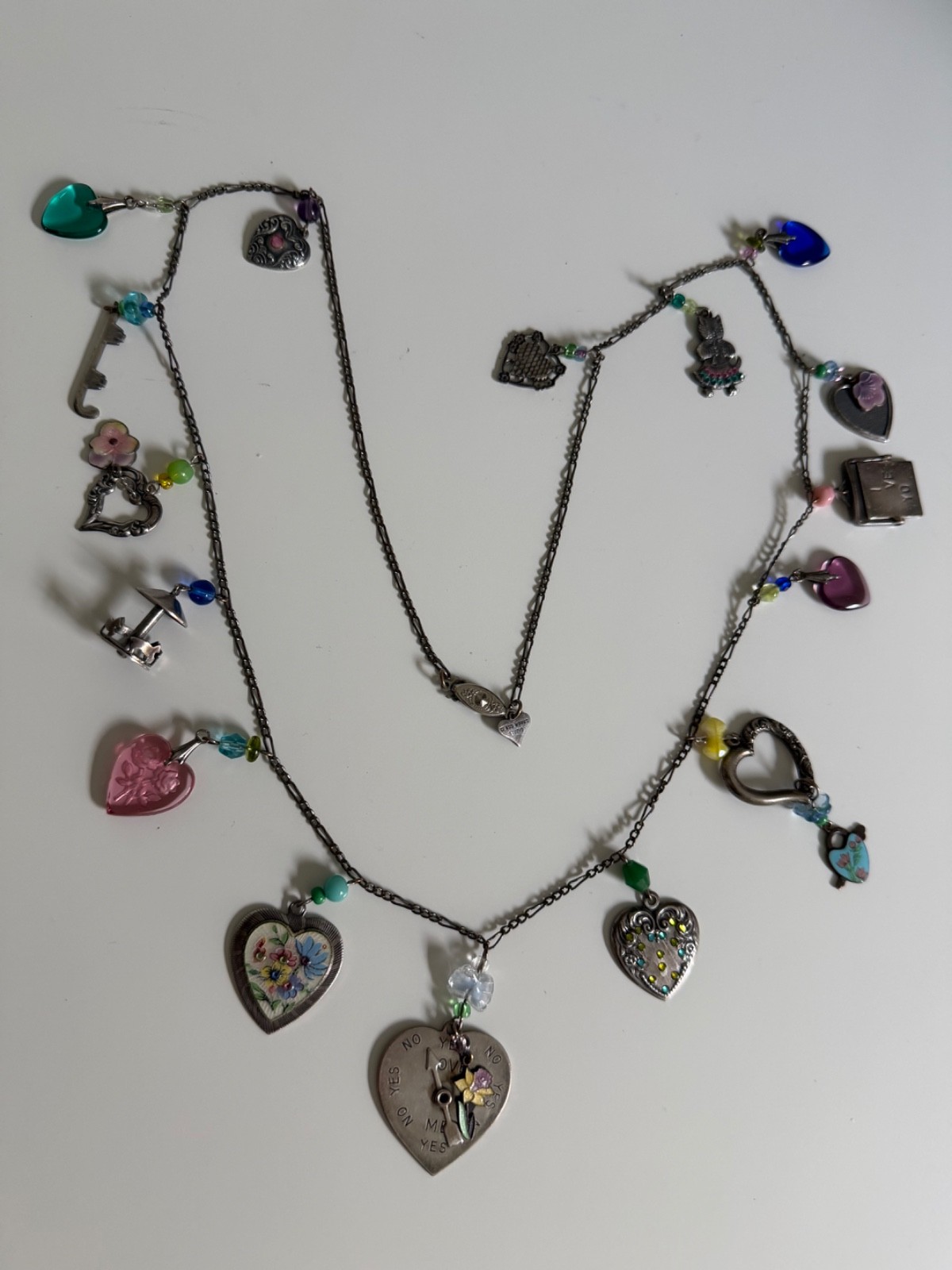 Vintage Glass Works Studio 32″ Multi Charm Necklace Love Me Spinner I Love You G