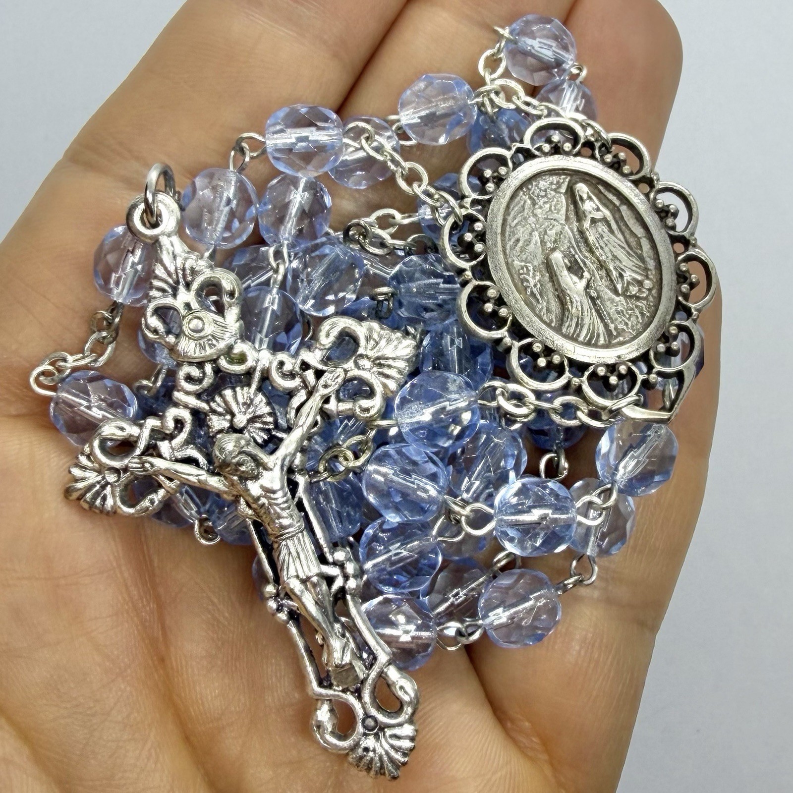 Vtg Religious Catholic Blue Glass Lourdes Cross Rosary Bead Necklace Holy Water
