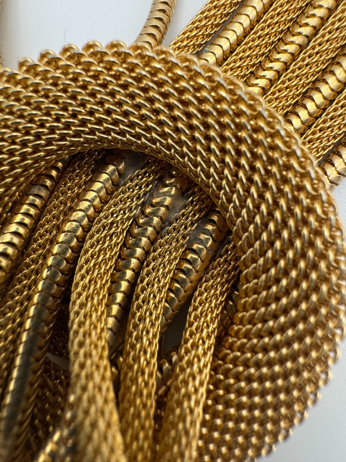 Vintage Mesh Necklace Multi Strand Snake Chain Tassel Knot Fringe Gold Tone