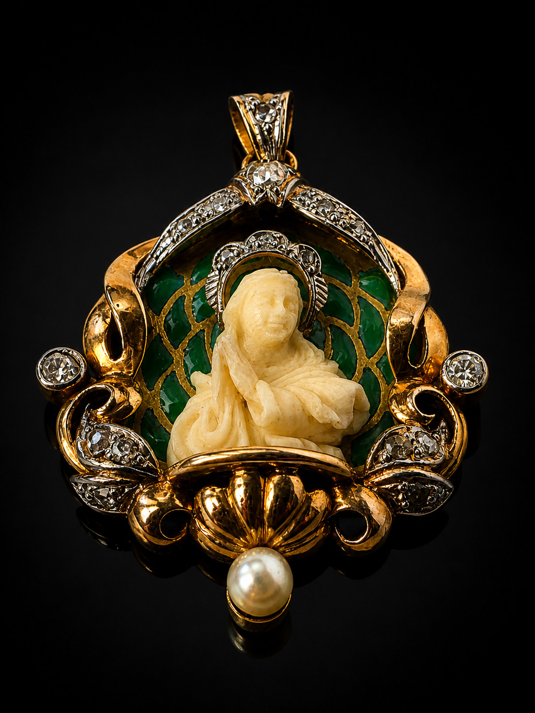 Antique Virgin Mary Pendant 18K Gold Diamond Enamel Art Nouveau Catholic Medal
