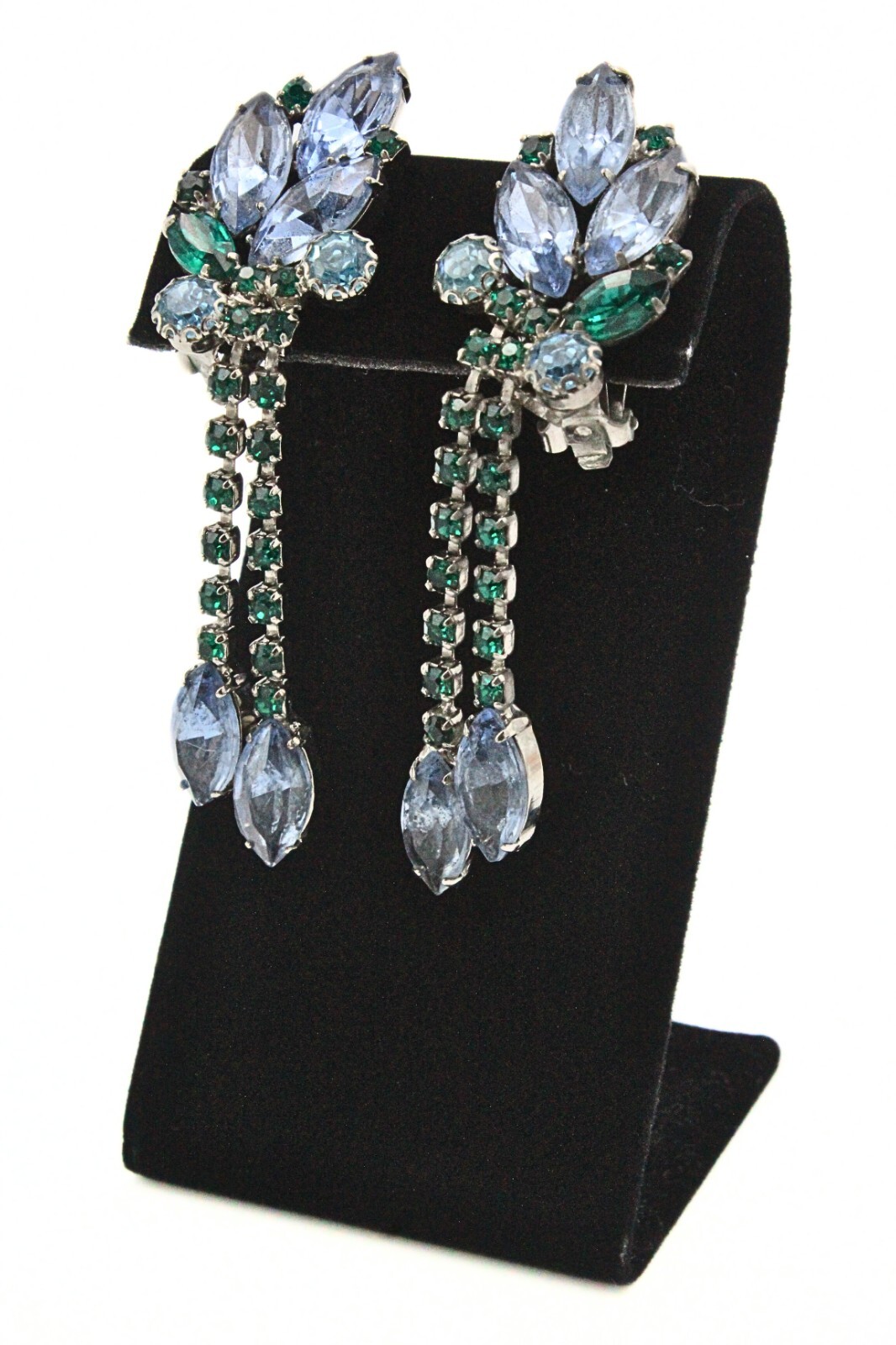 Holiday Light Blue Green Fancy Rhinestones Crystal Dangle Drop Long Earrings