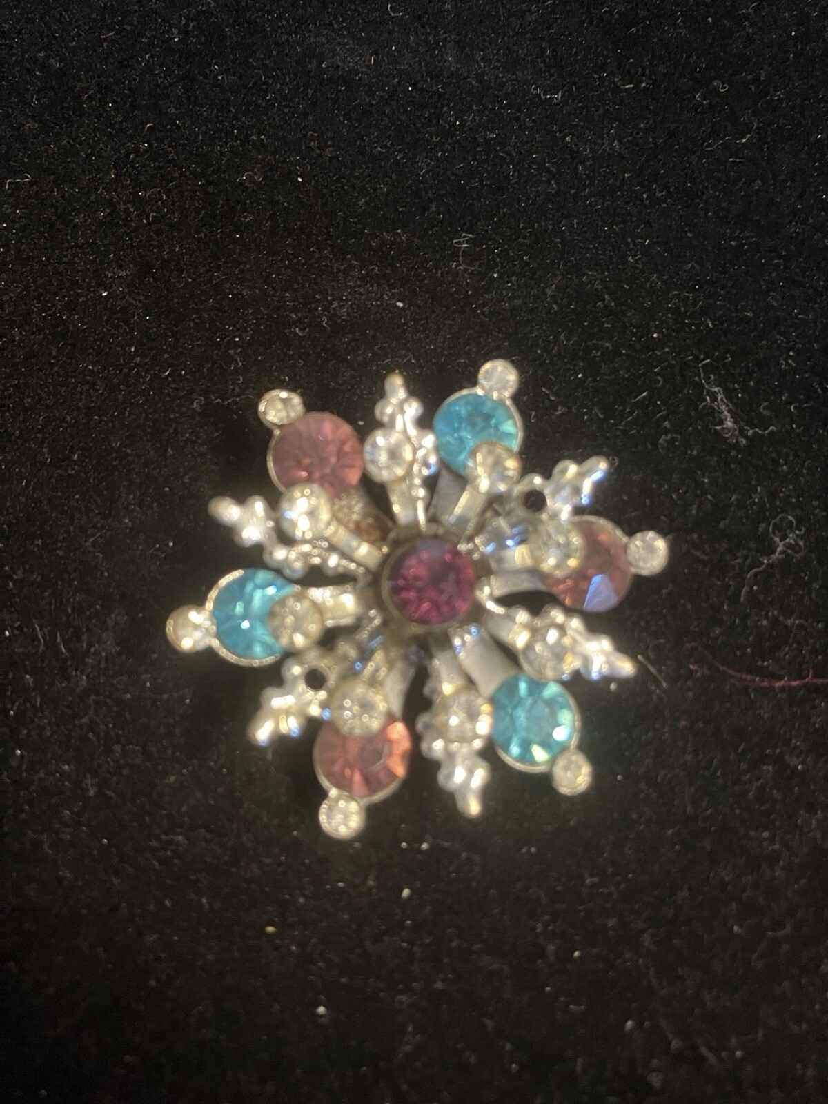 blue and purple rhinestone brooch vintage Silver Toned