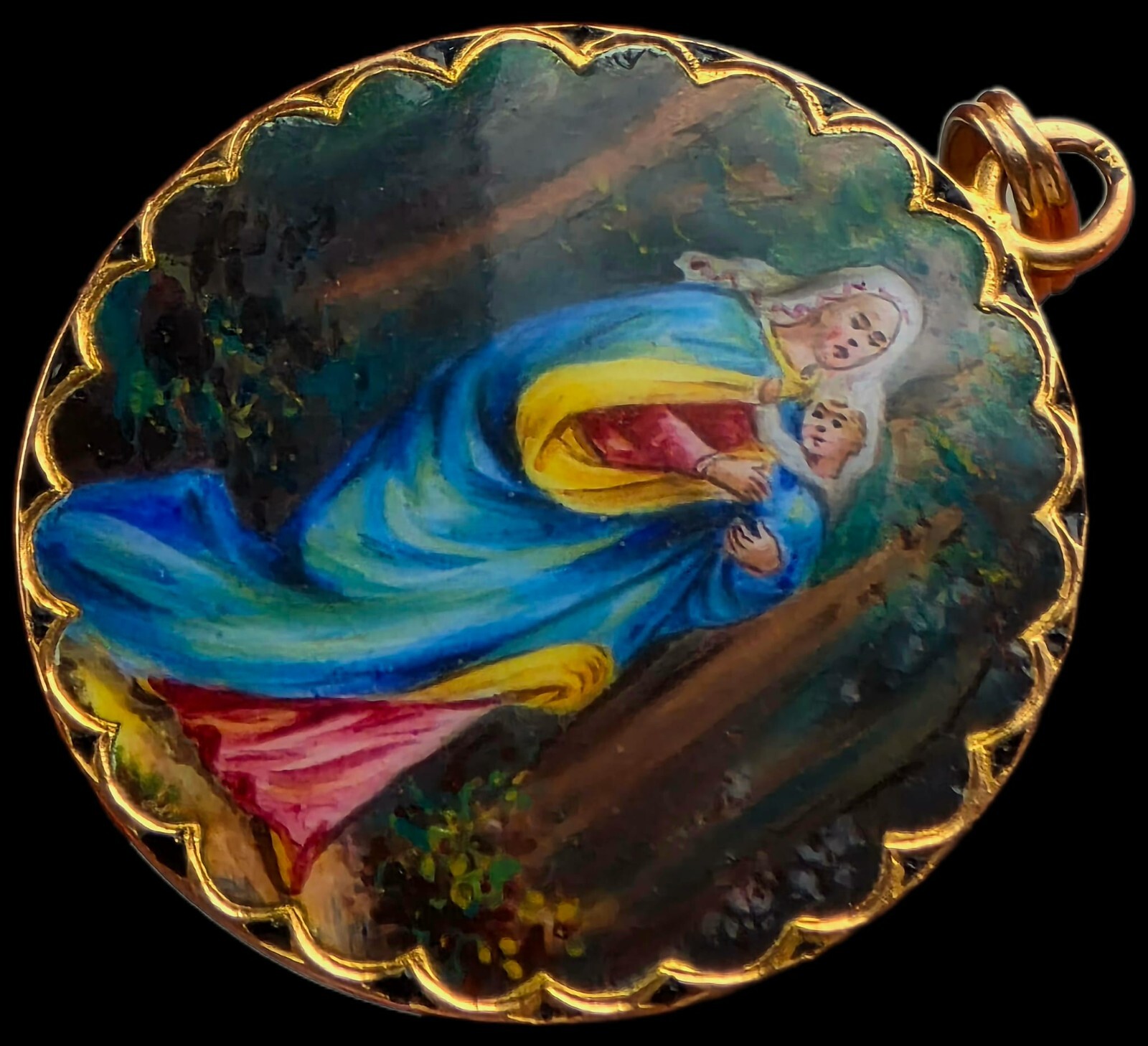 Fine Antique European Art Nouveau 18K Gold Enamel Madonna Medal Pendant Ca 1900